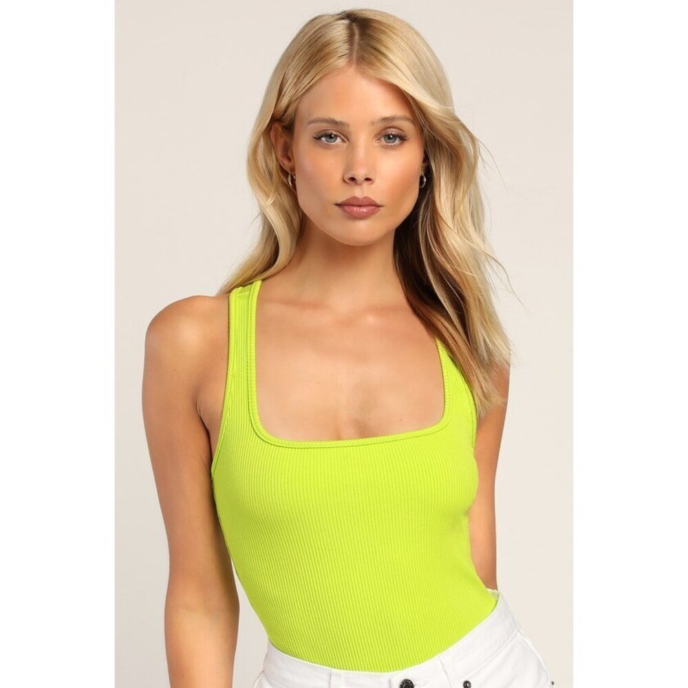 Lulus Square Are You Now Lime Green Ribbed Square Neck Bodysuit - Size S